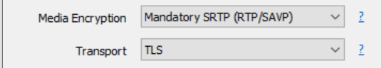A screenshot of the Encryption settings in microsip. Media Encryption is set to Mandatory SRTP, and Transport is set to TLS.