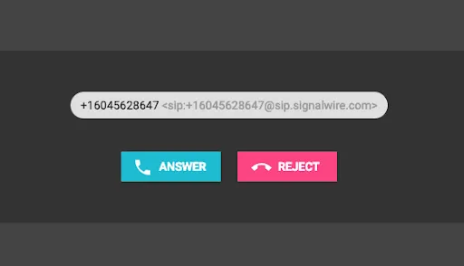 A screenshot of the JsSIP interface showing an incoming call. The call is from a PSTN phone number associated with a SIP endpoint, so both are shown. Buttons underneath allow the user to Answer or Reject the call.