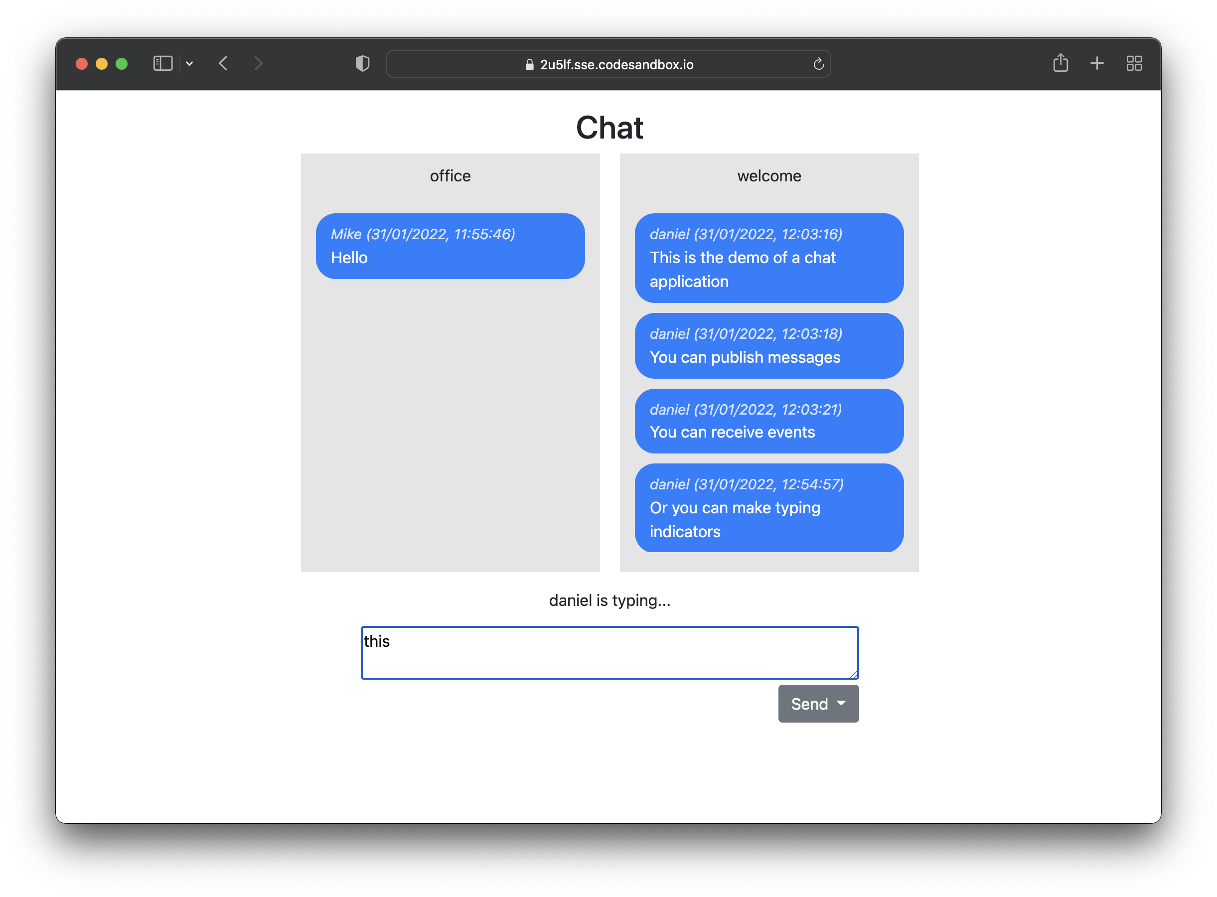 Screenshot 2022-01-31 at 15.12.47.webP A screenshot of the chat application showing messages sent from multiple users, including timestamps.