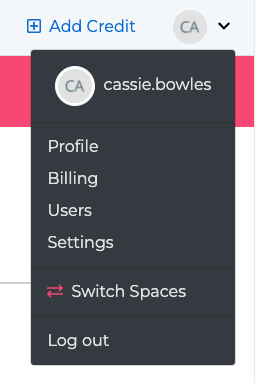 A screenshot of the dropdown menu from the user icon in the top right of a SignalWire Space. The Users option is visible.