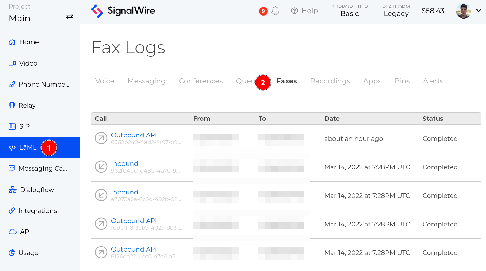 A screenshot of the SignalWire Project page. The Faxes tab within the LÄML section is selected, showing a log of faxes.