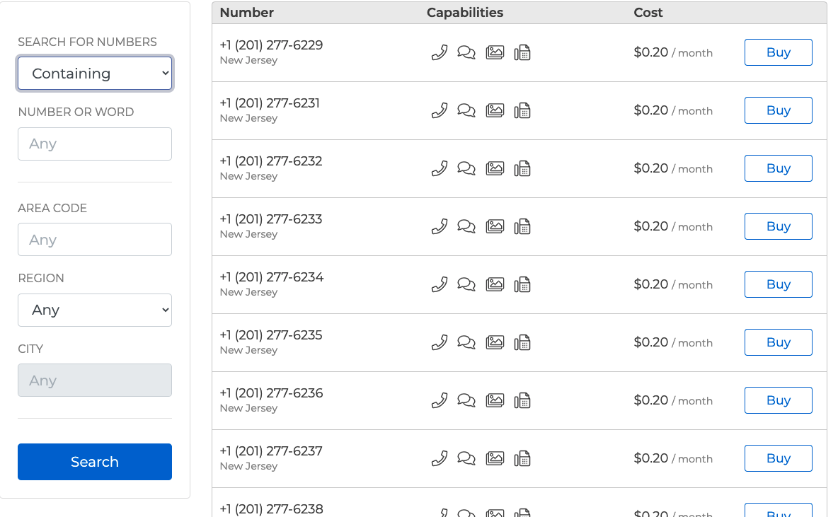 A screenshot of the local or toll free number purchasing screen. A menu on the left allows users to search for numbers by content, area code, region, and city.