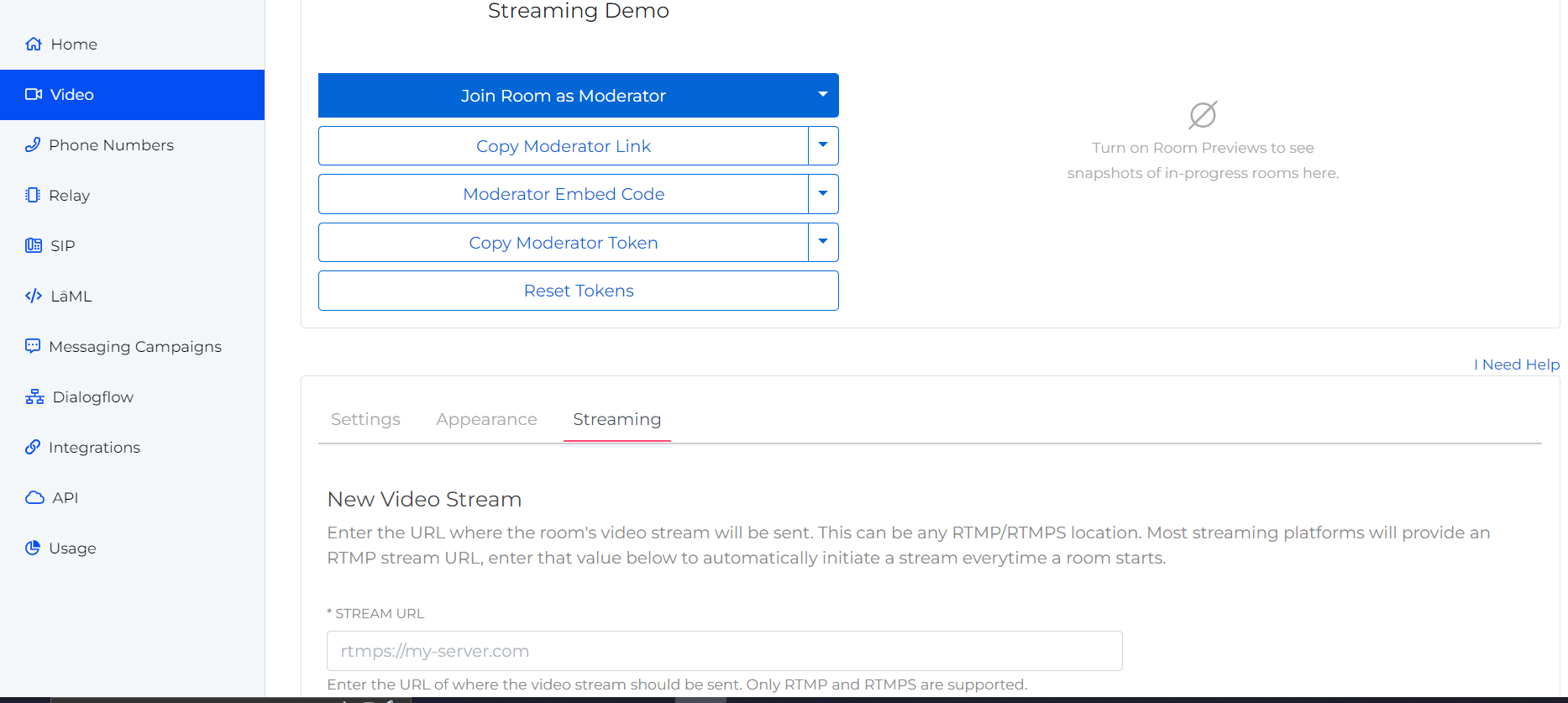 A screenshot of the Streaming tab of a given Video Conference on the Video page of a SignalWire Space. The Streaming tab includes a field labeled Stream URL, where the room's video stream will be sent.