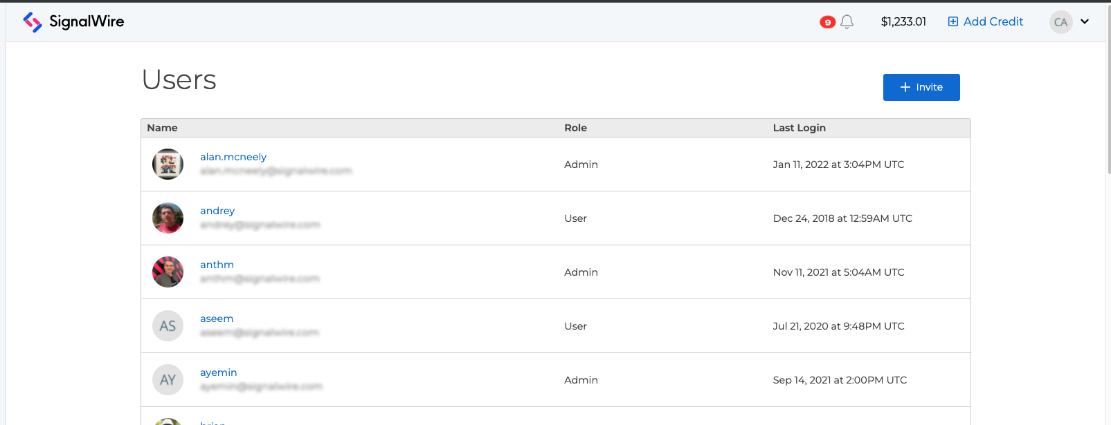 Users tab, showing a table of users and details about each user.